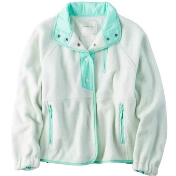 American Eagle Overesized Fleece Sherpa Snap Jacket Size M Mint Green Sea Foam - Picture 1 of 16